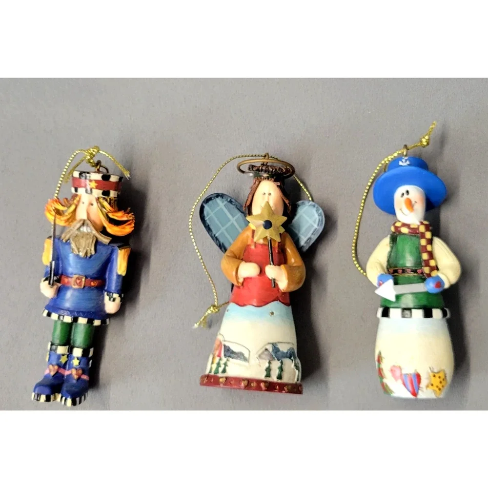 3 Piece Ornament Set Rustic Angel Snowman Nutcracker Christmas Holiday 3